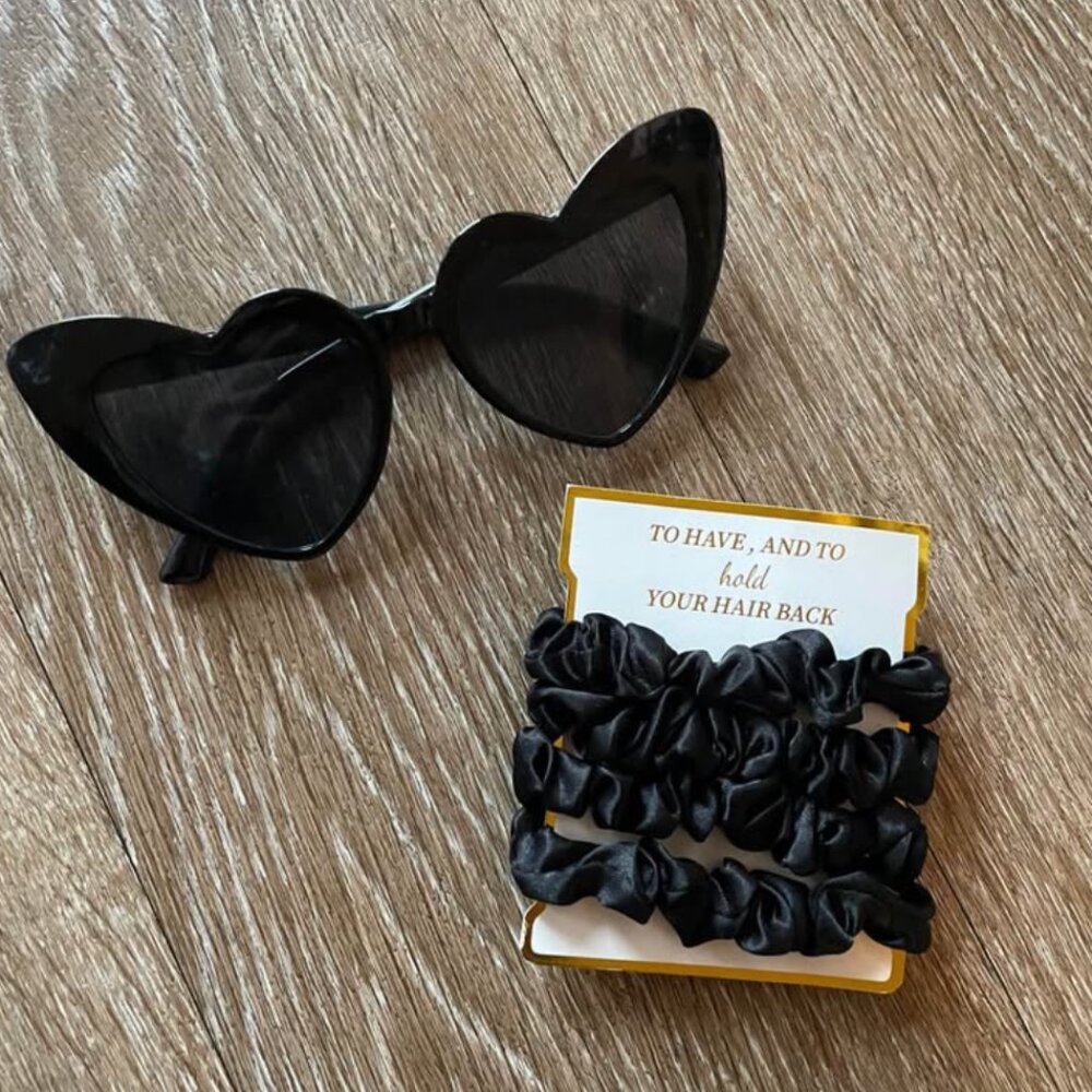 "Bride Tribe" Bachelorette Heart-Eyes Sunglasses & Sentimental Scrunchies